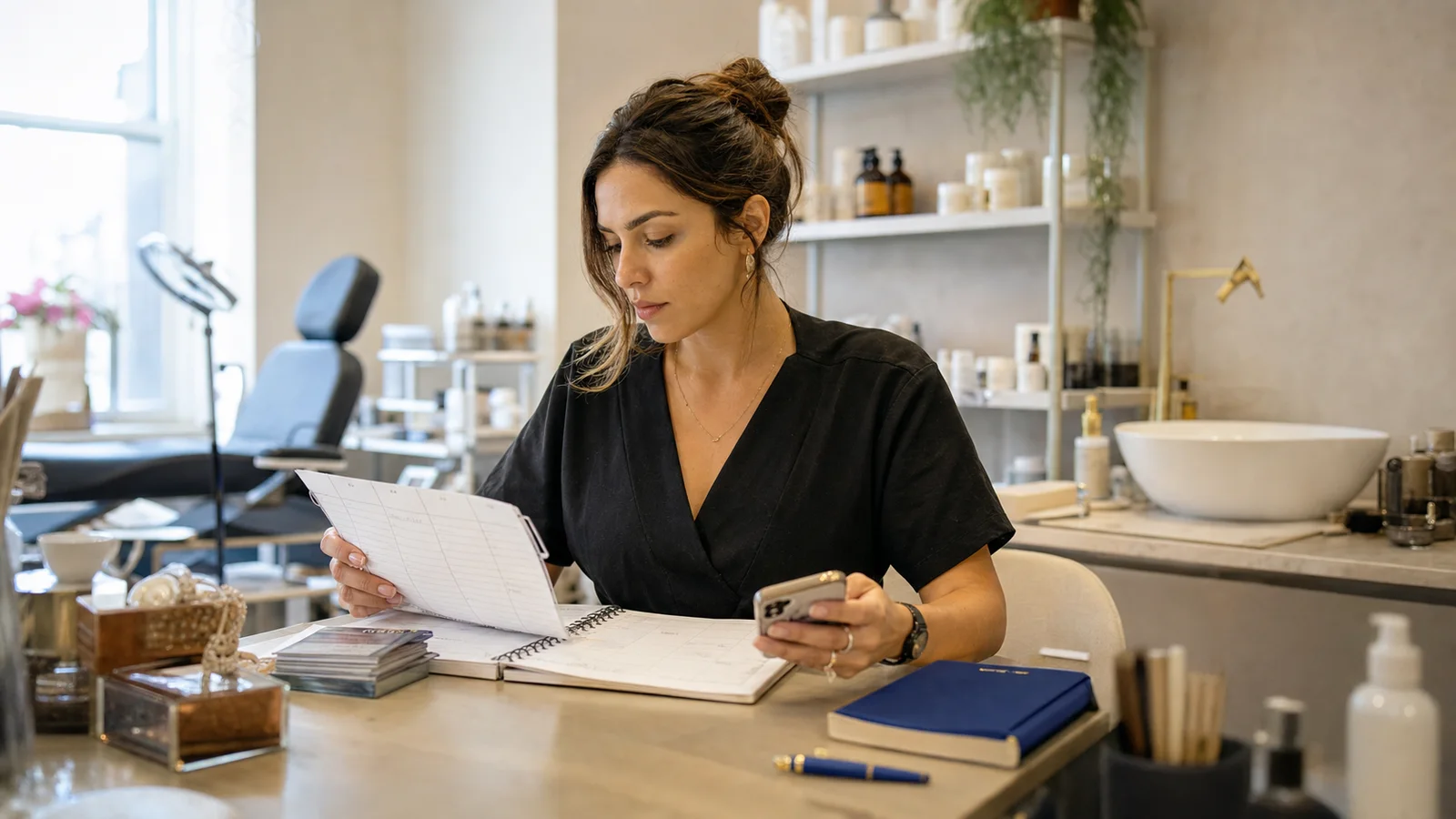 Profissional de beleza organizando processos e agenda no estúdio