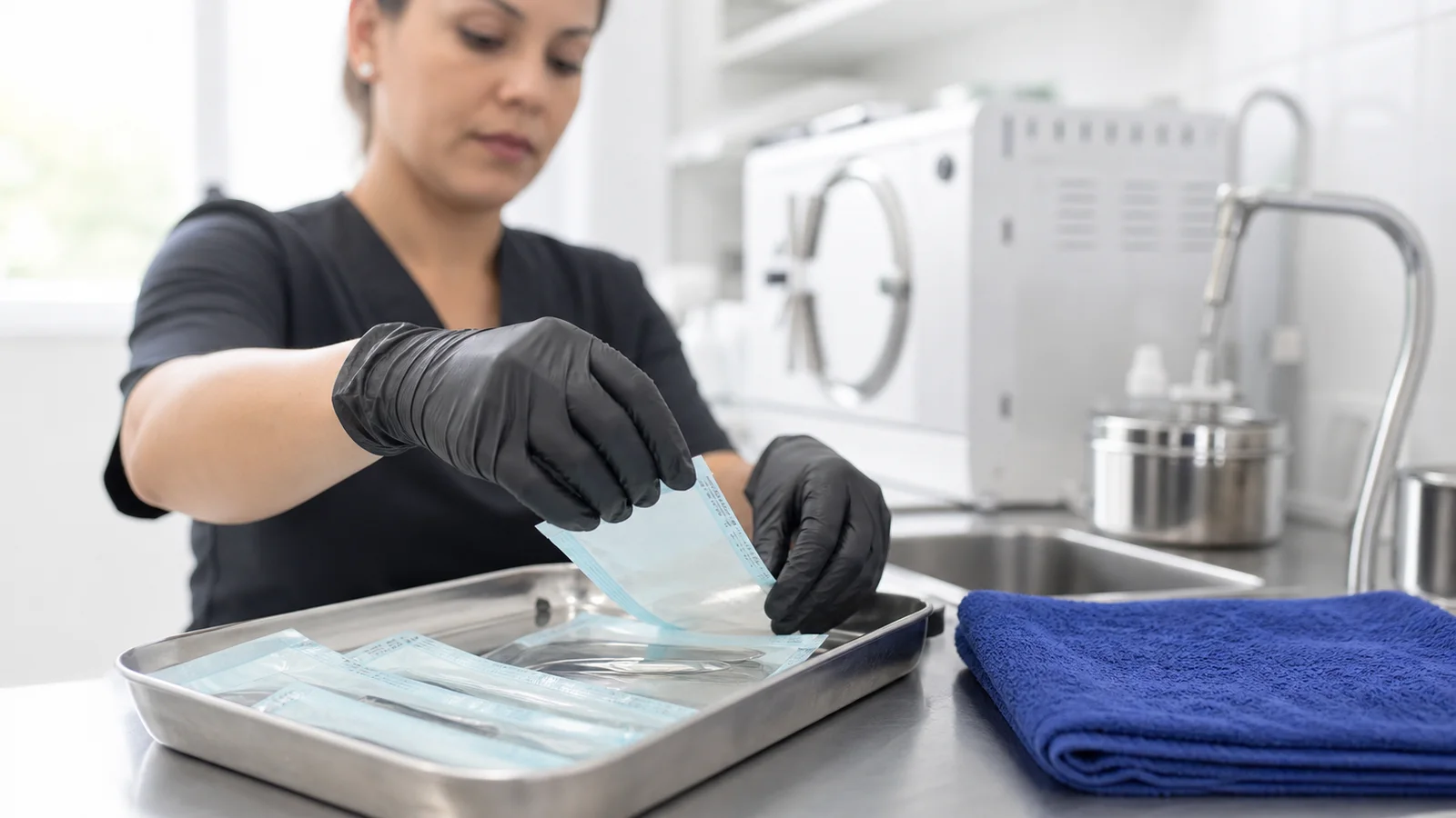 Profissional preparando uma bancada higienizada para atendimento estético