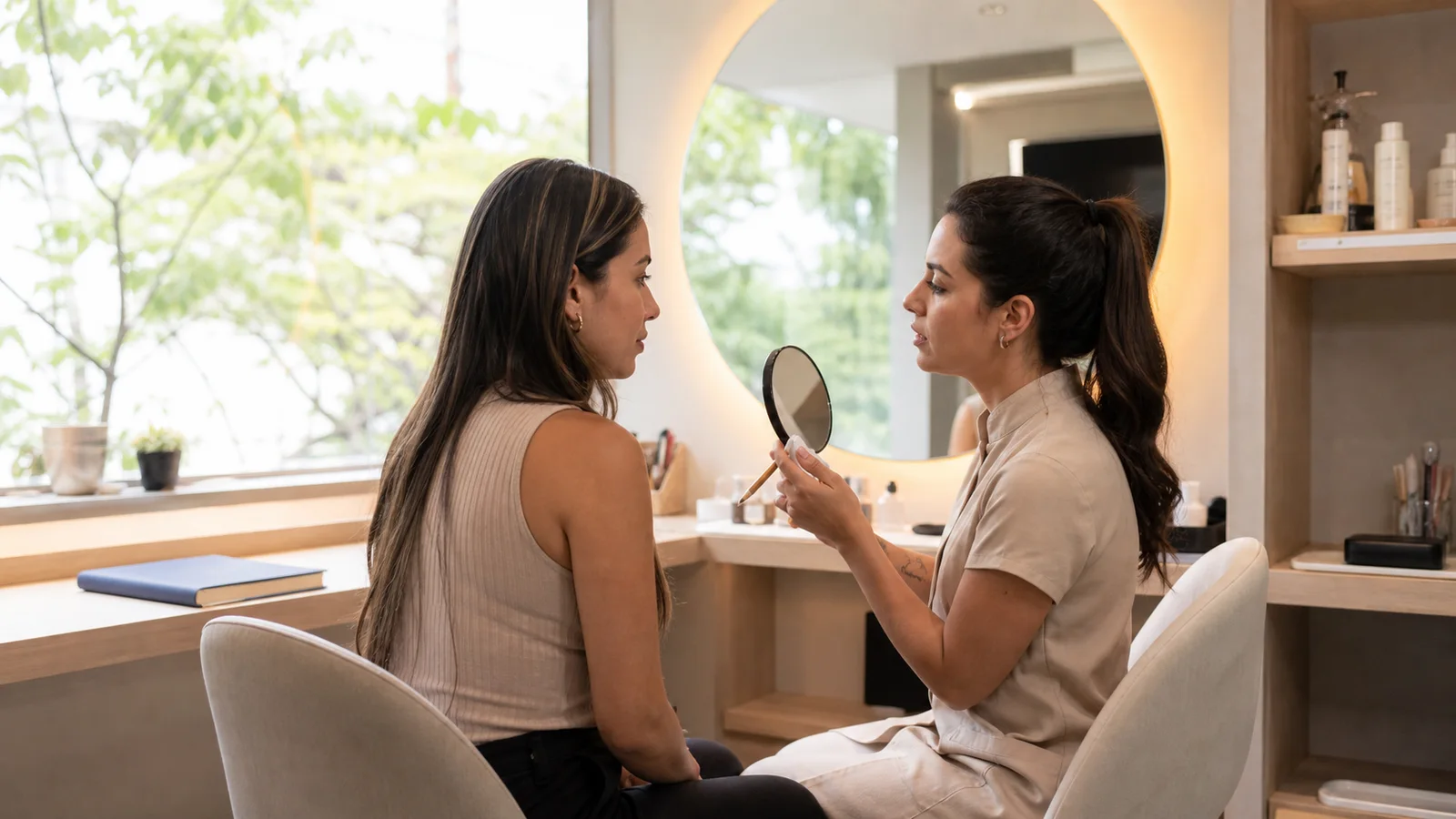 Profissional realizando design de sobrancelhas em clínica de estética