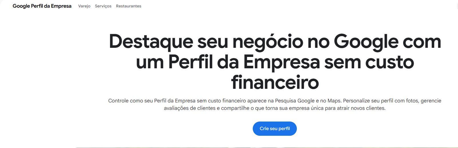Página do Perfil da Empresa no Google com o botão para criar ou reivindicar uma ficha
