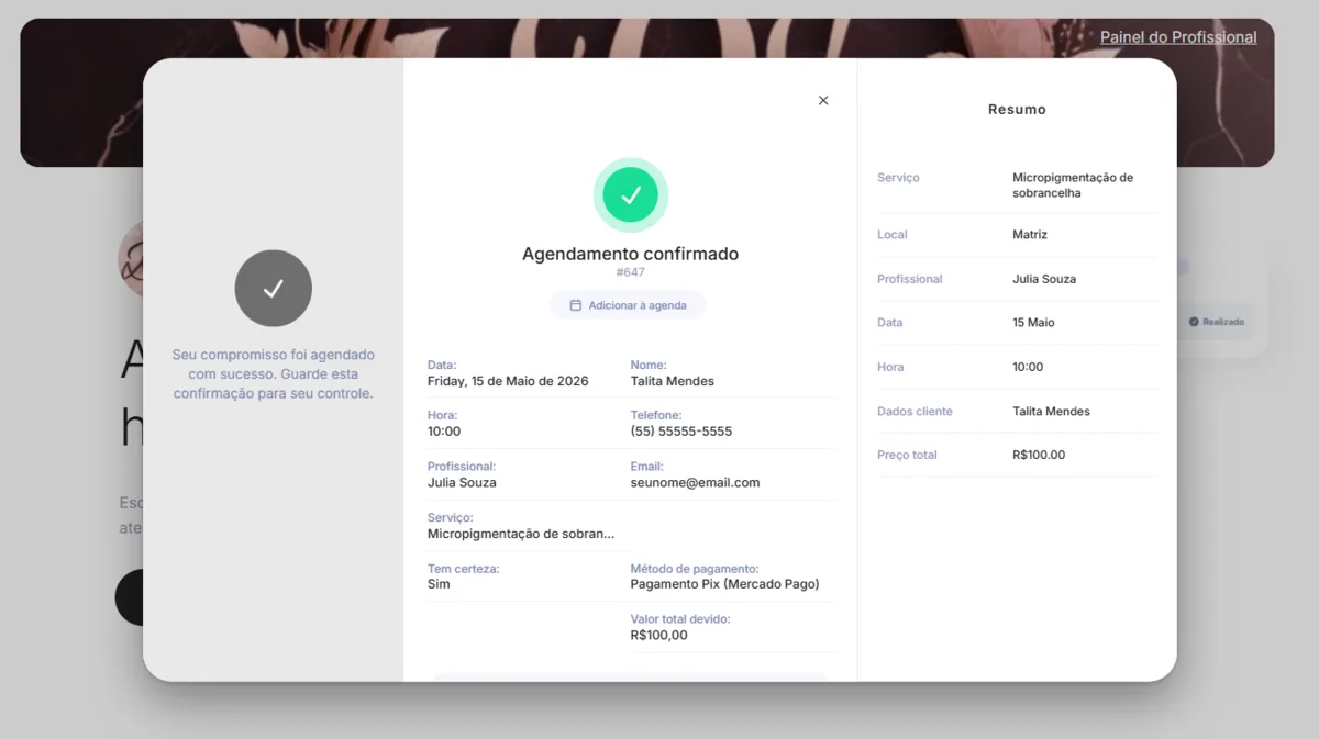 Print da confirmação de agendamento com método de pagamento Pix Mercado Pago