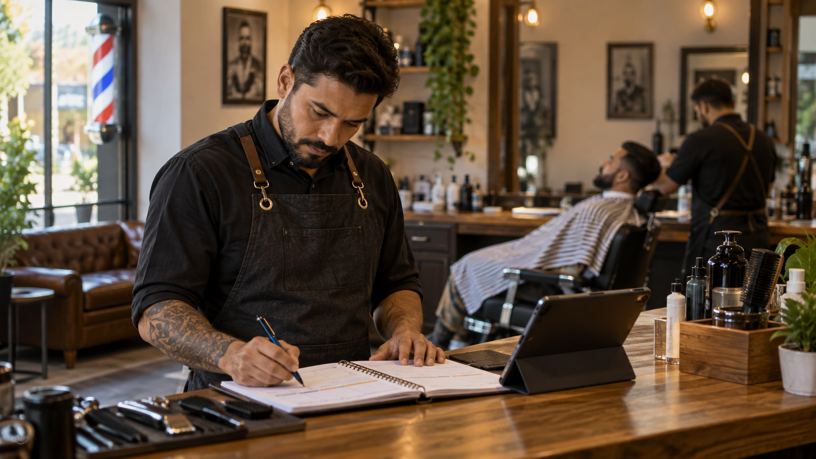 Barbeiro organizando a agenda de corte e barba no balcão da barbearia