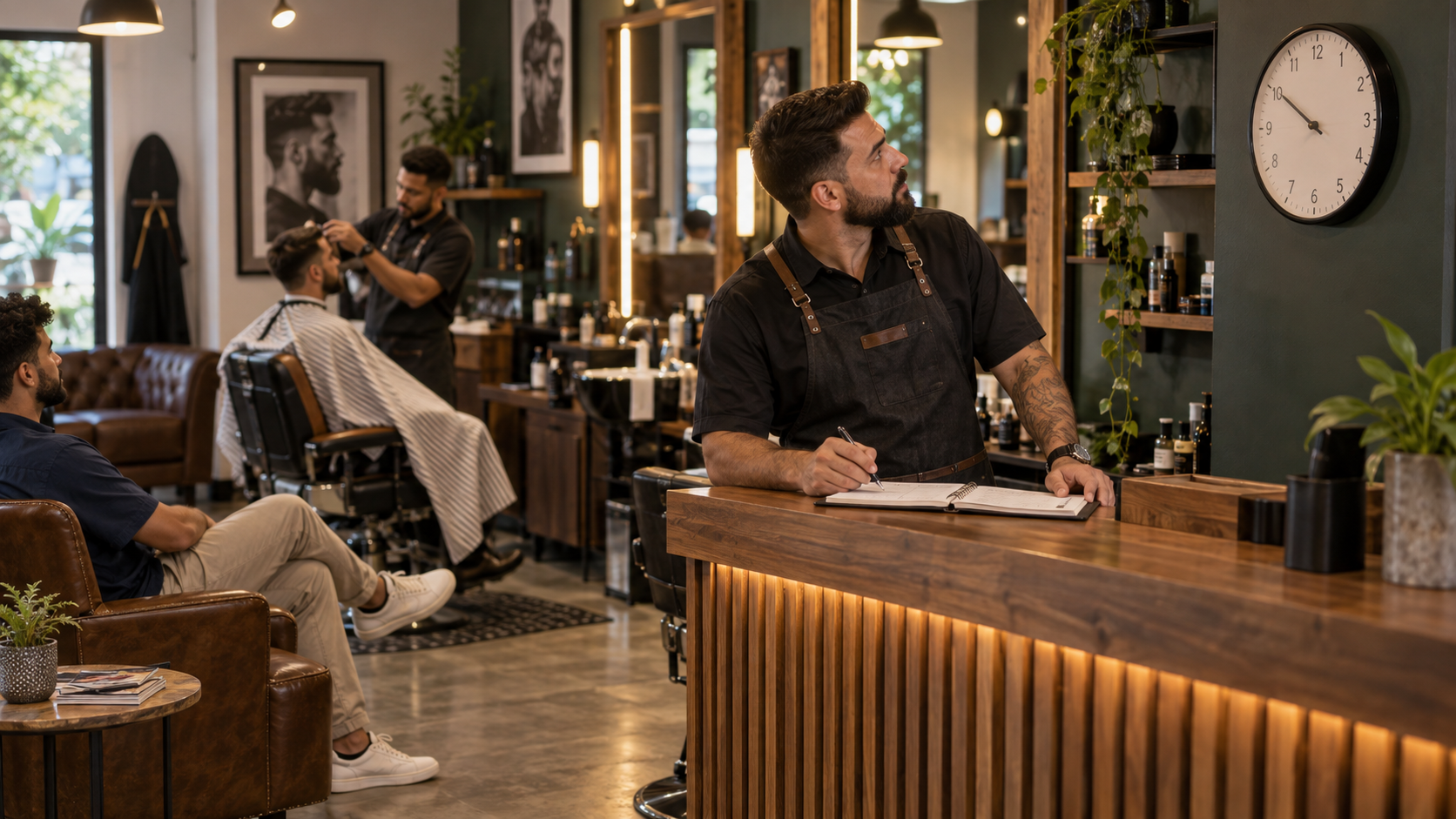 Barbeiro conferindo a agenda e o horário enquanto organiza o atendimento na barbearia