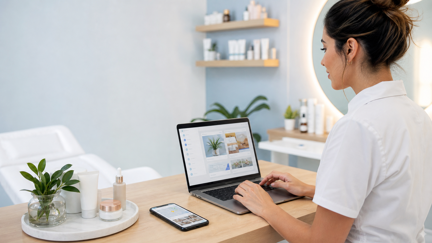 Profissional de estética configurando o perfil comercial do estúdio no notebook