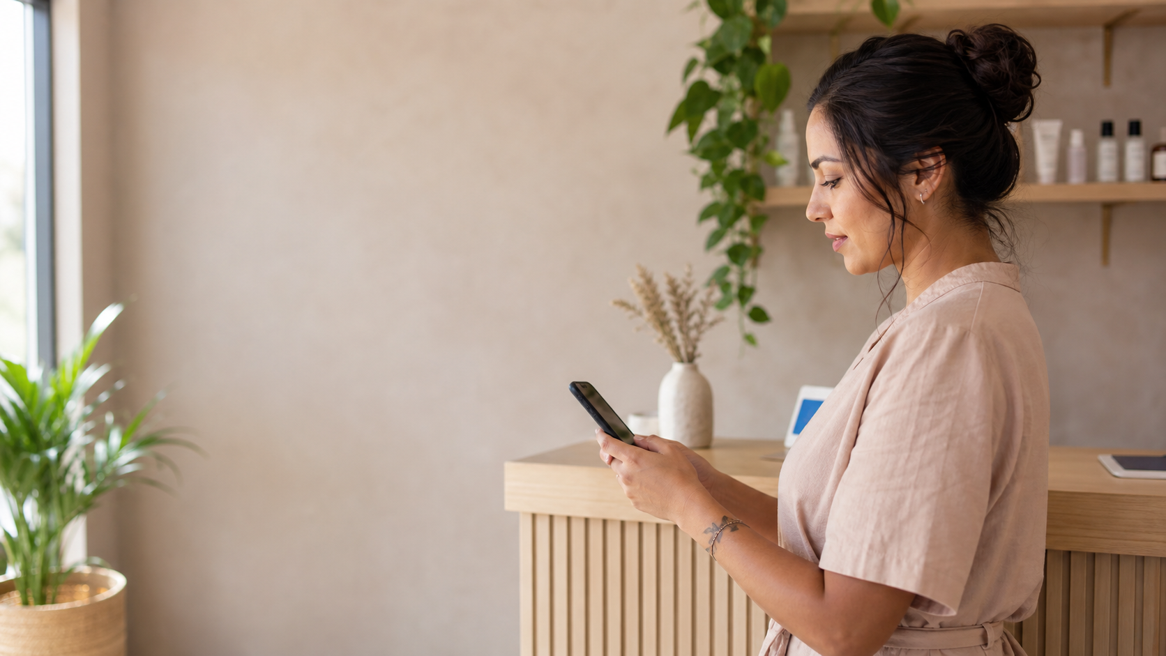 Profissional de beleza usando o celular para compartilhar o link de agendamento no estúdio