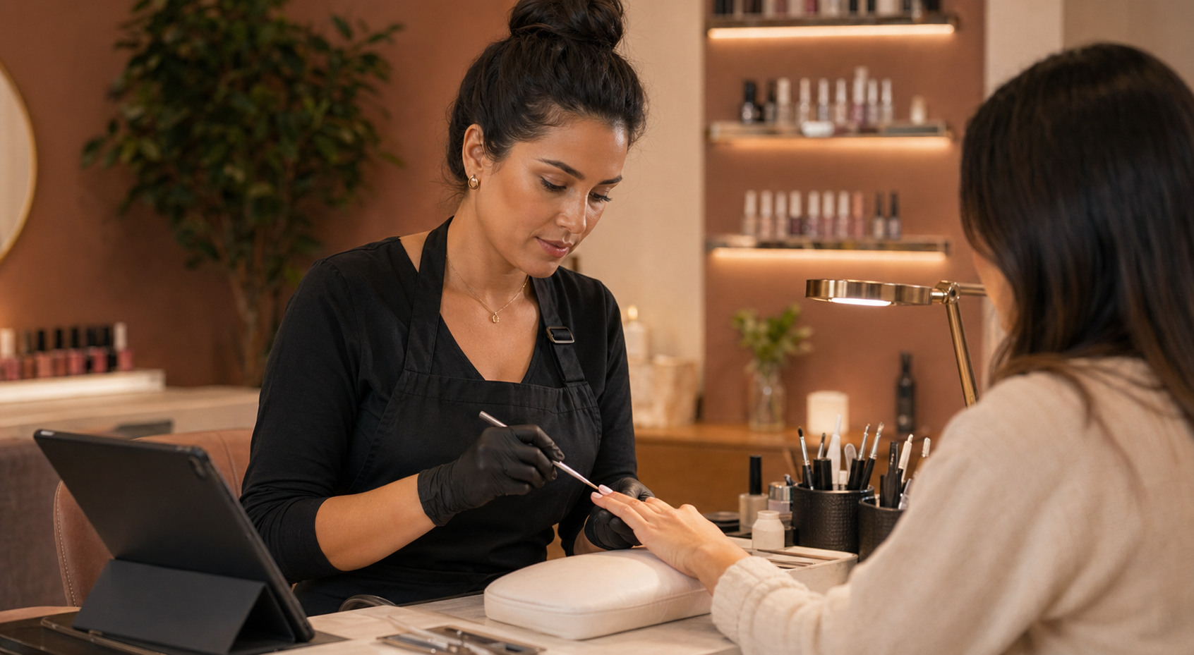 Cena cinematografica realista de nail designers em atendimento com rotina organizada